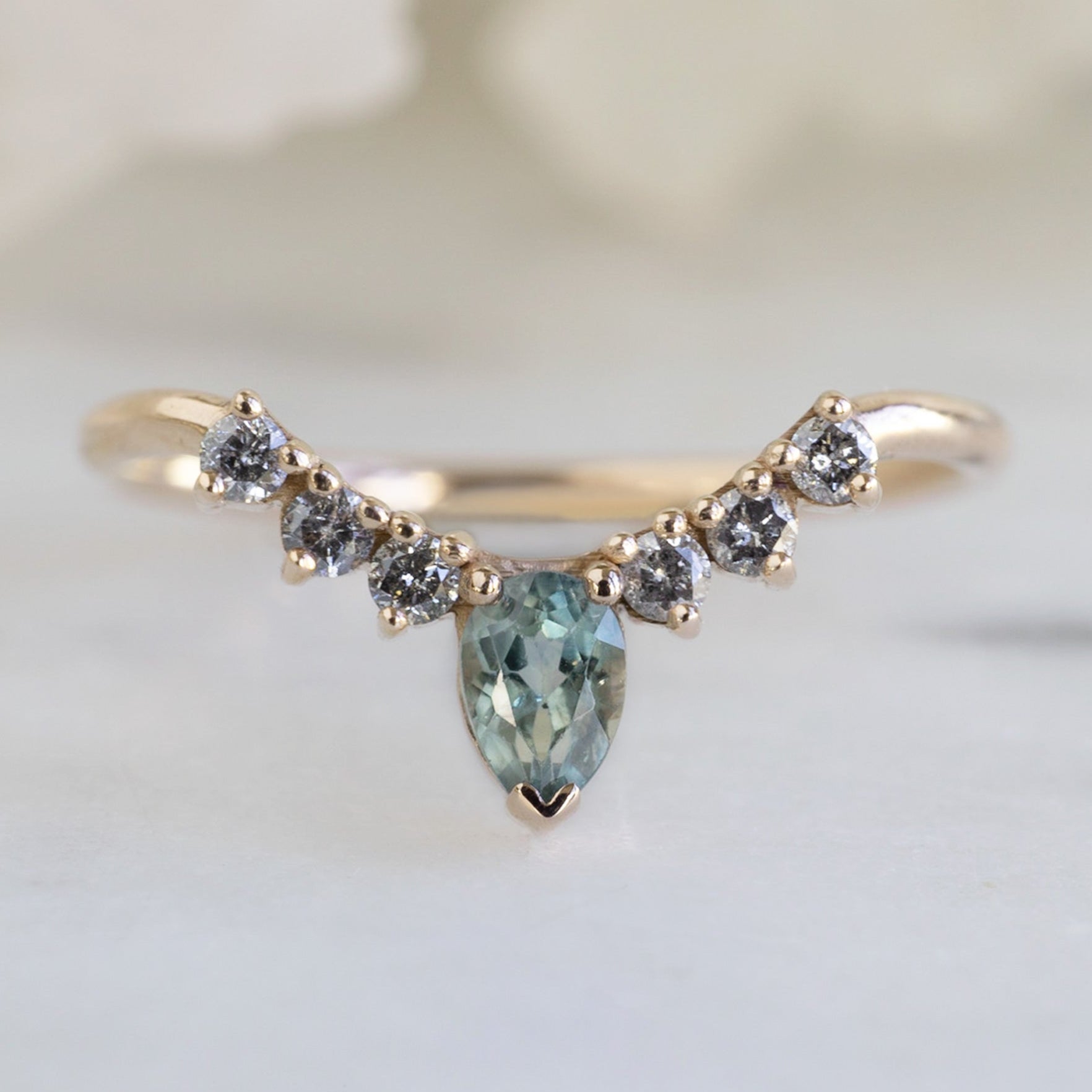 Montana Sapphire + Salt and Pepper Diamond Sunburst Stacking Band | Yellow, Rose or White Gold