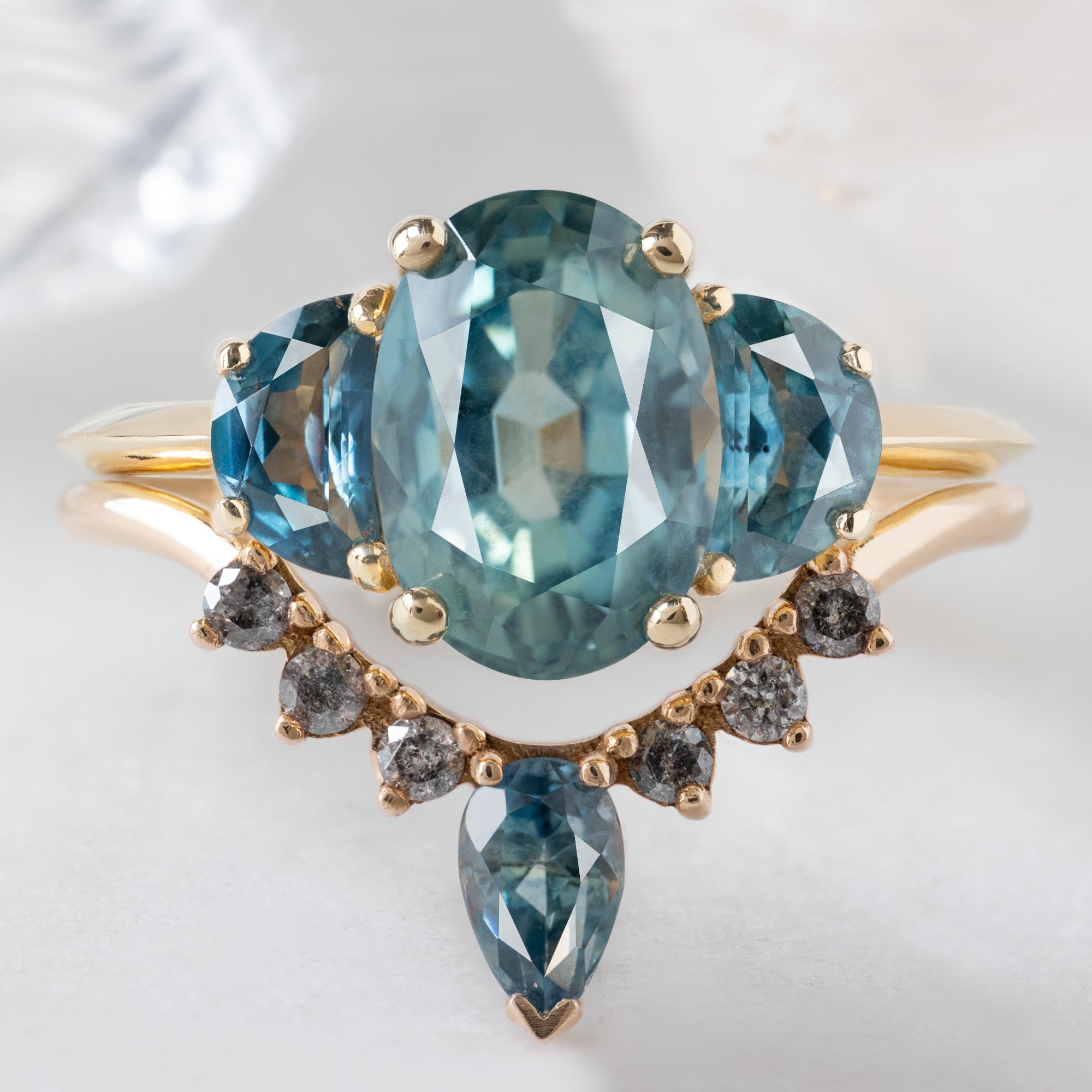 Montana Sapphire + Salt and Pepper Diamond Sunburst Stacking Band | Yellow, Rose or White Gold