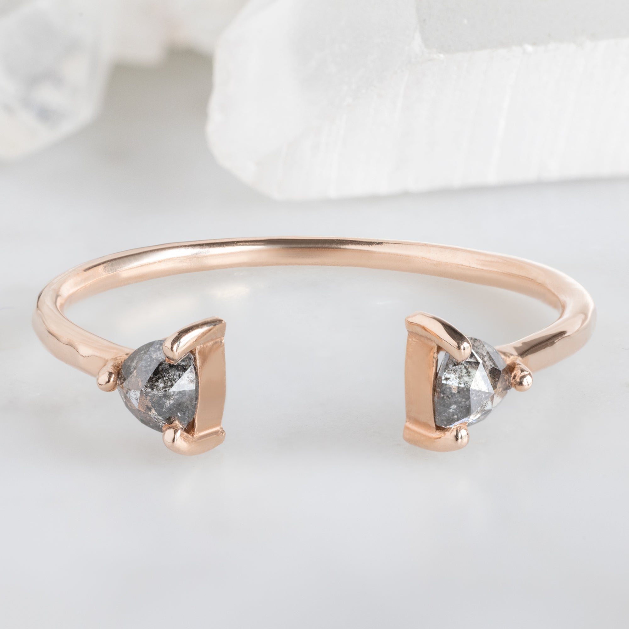 Open Cuff Salt and Pepper Diamond Trillion Stacking Band in Rose Gold on White Marble