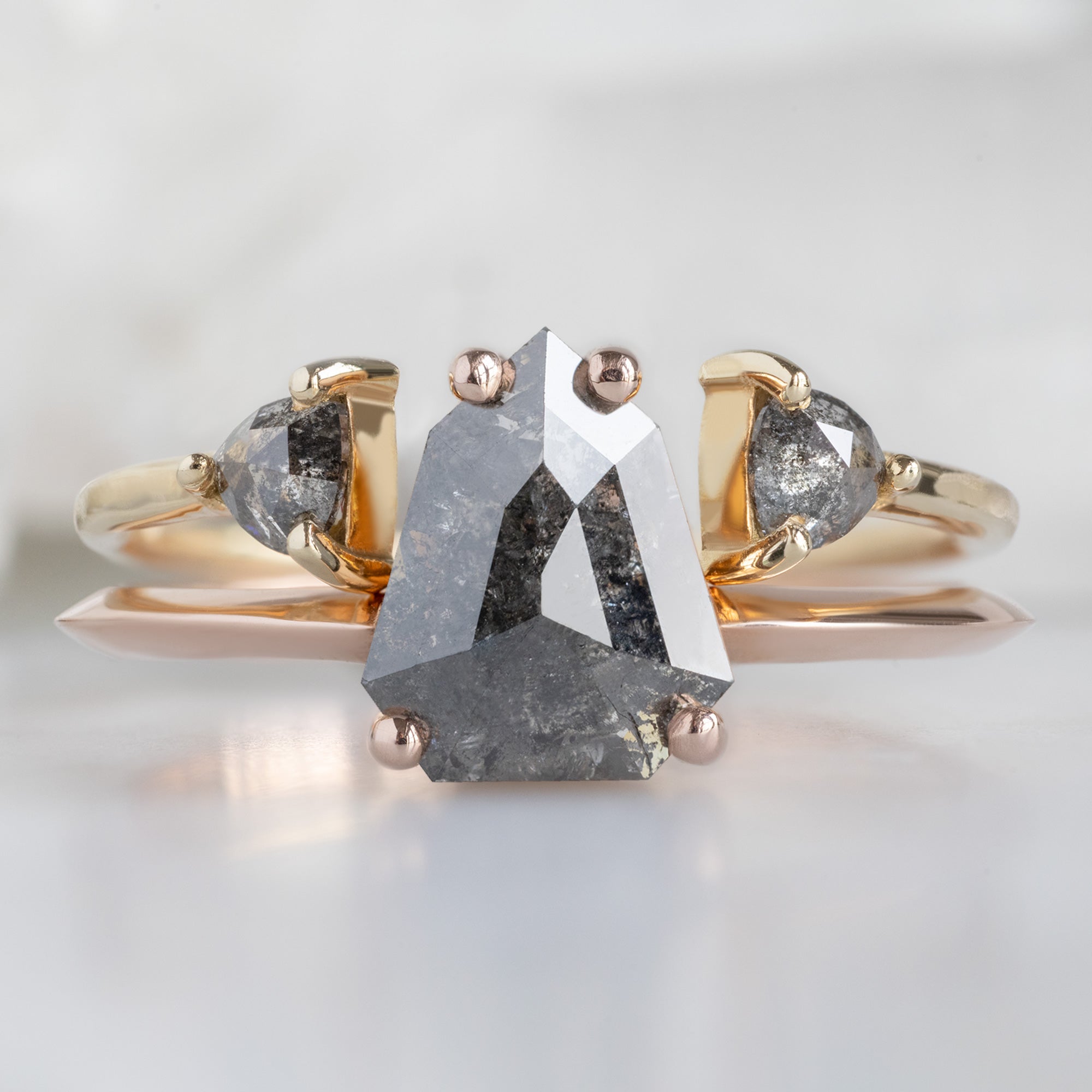 Open Cuff Salt and Pepper Diamond Trillion Stacking Band in Rose Gold Stacked with Black Geometric Diamond Engagement Ring