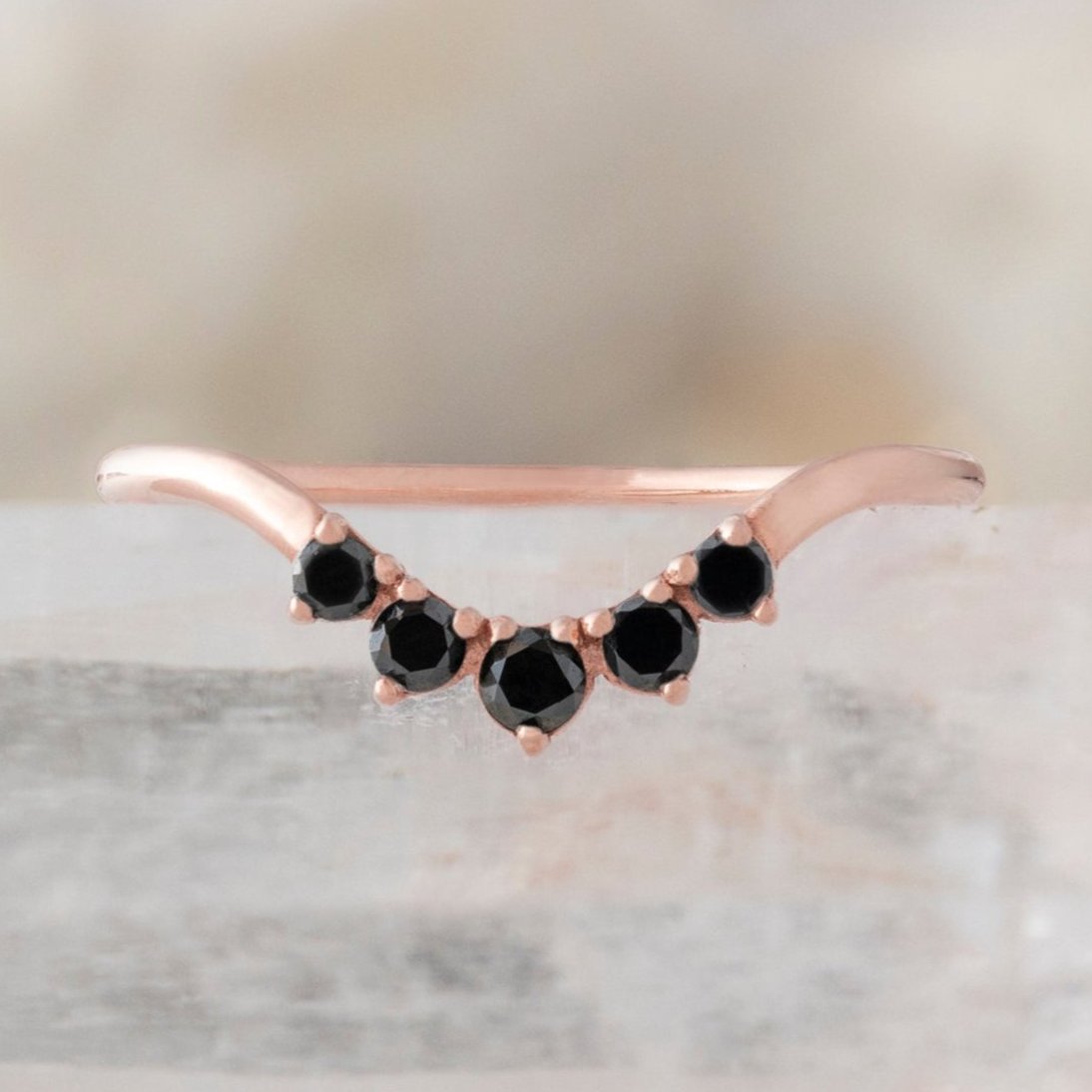 Round Black Diamond Sunburst Stacking Band | Rose Gold