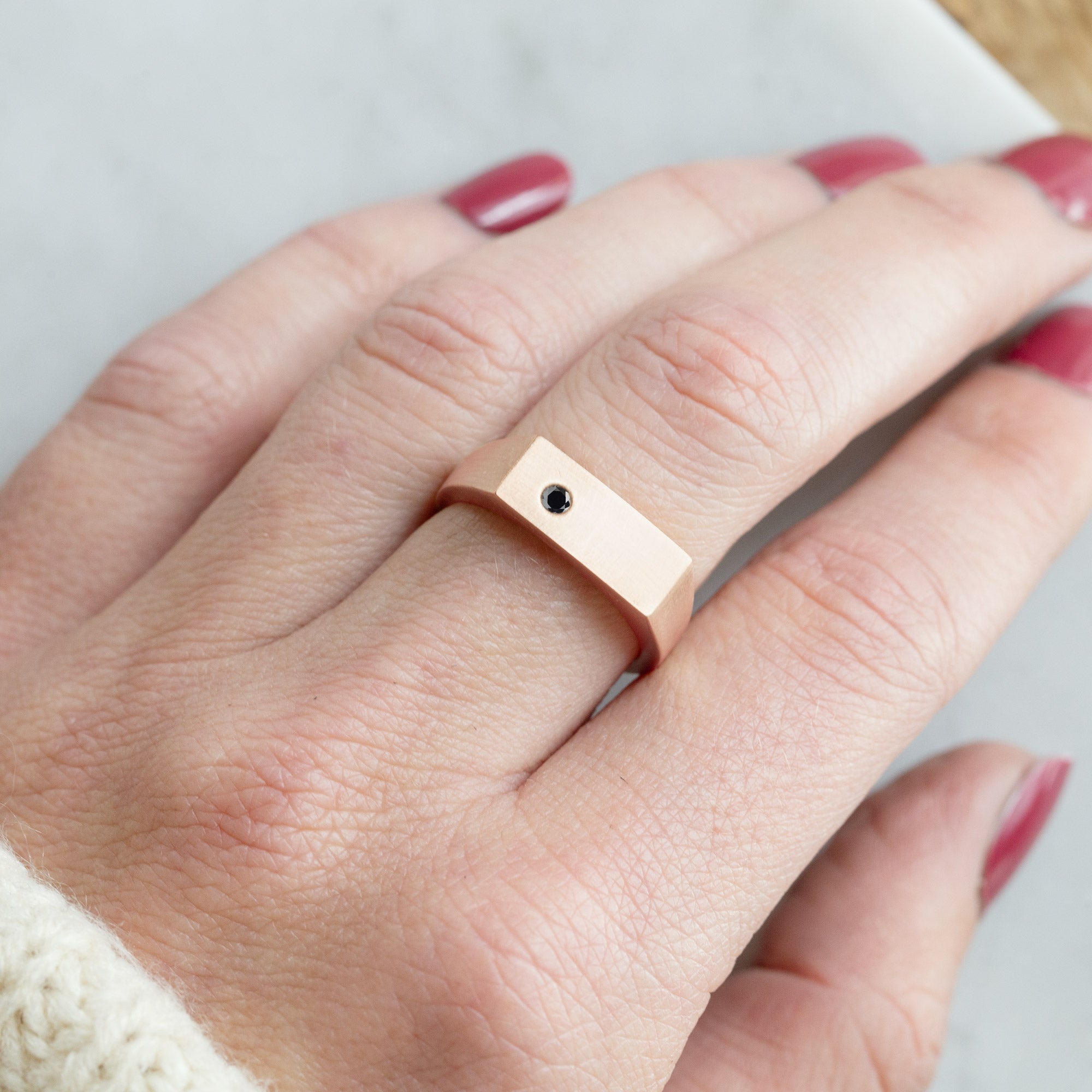 The Lune Black Diamond Signet Ring | Rose Gold