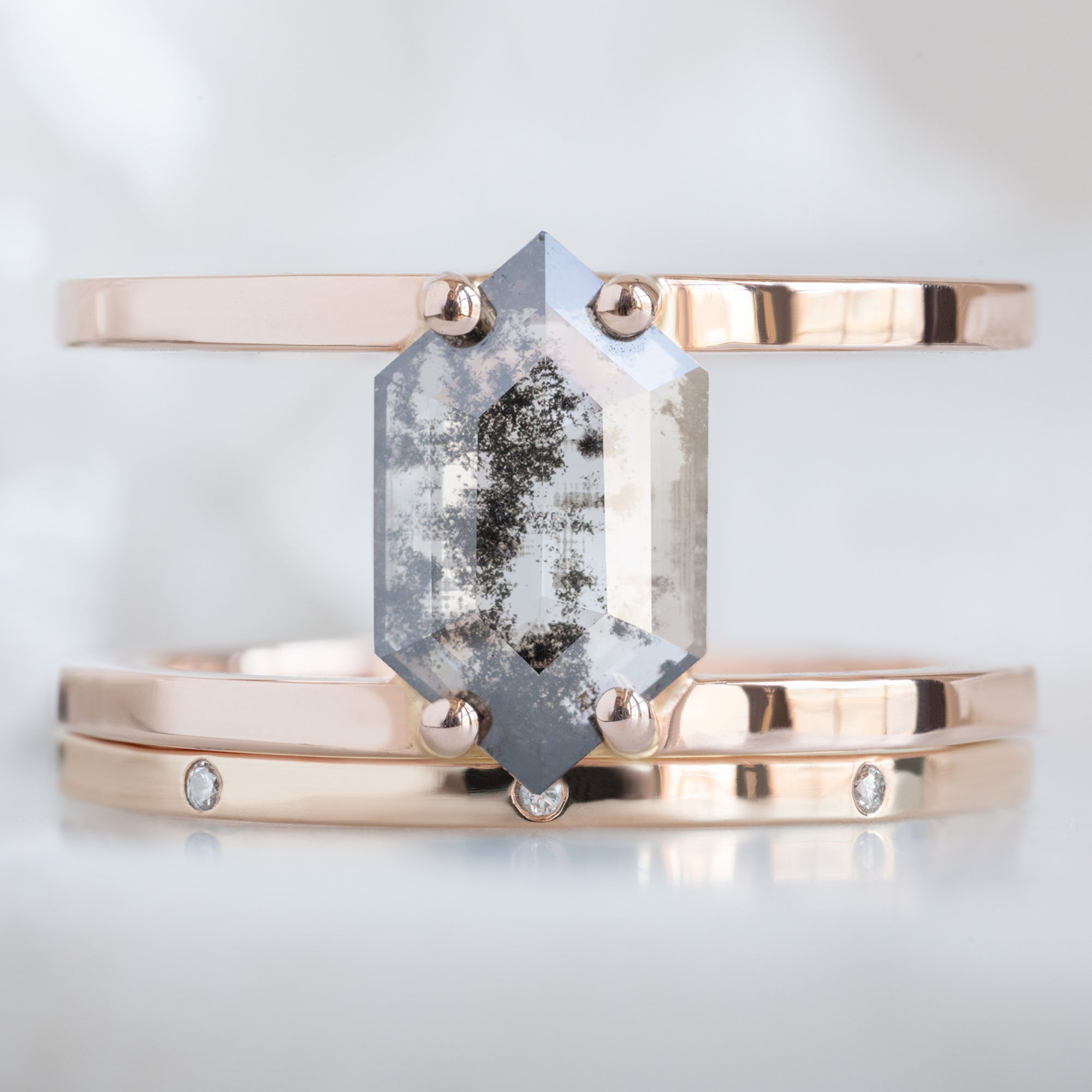 White Diamond Eternity Band in 14K Rose Gold Stacked with Salt and Pepper Hexagon Double Band Engagement Ring