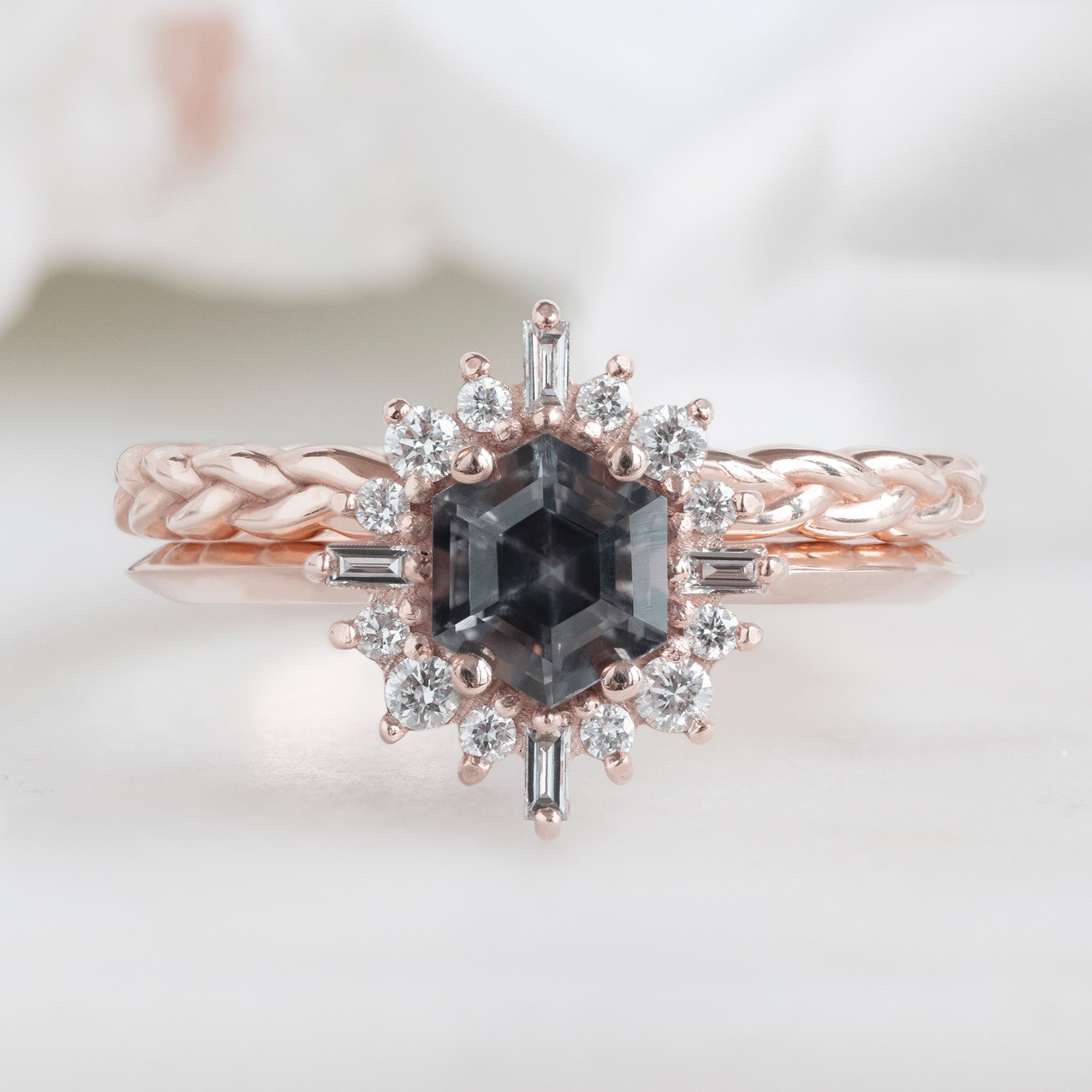 The Gold Braided Stacking Ring in 14K Rose Gold Stacked with Spinel Gemstone Engagement Ring