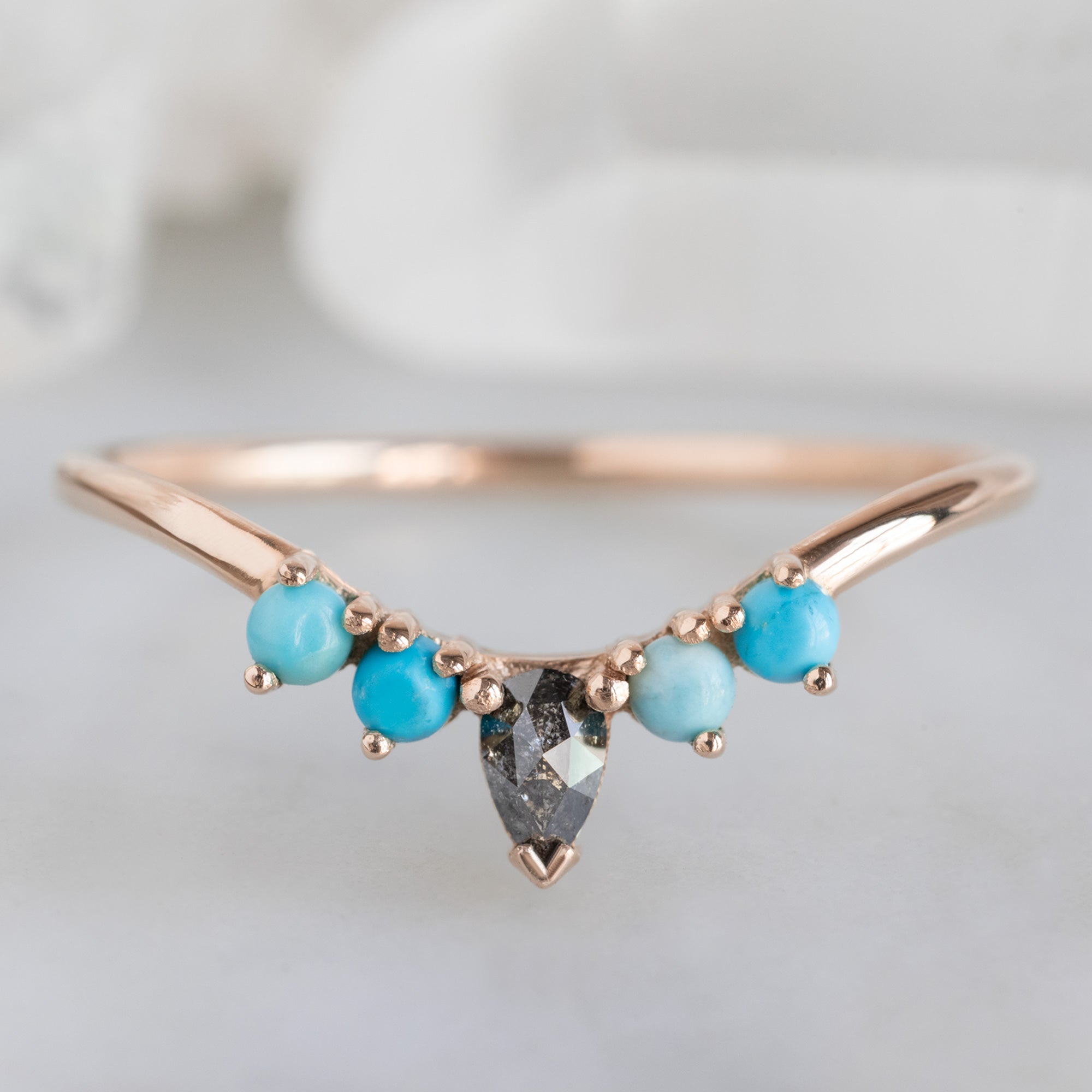 Black Diamond + Turquoise 4-Stone Sunburst Stacking Band | Yellow, Rose or White Gold