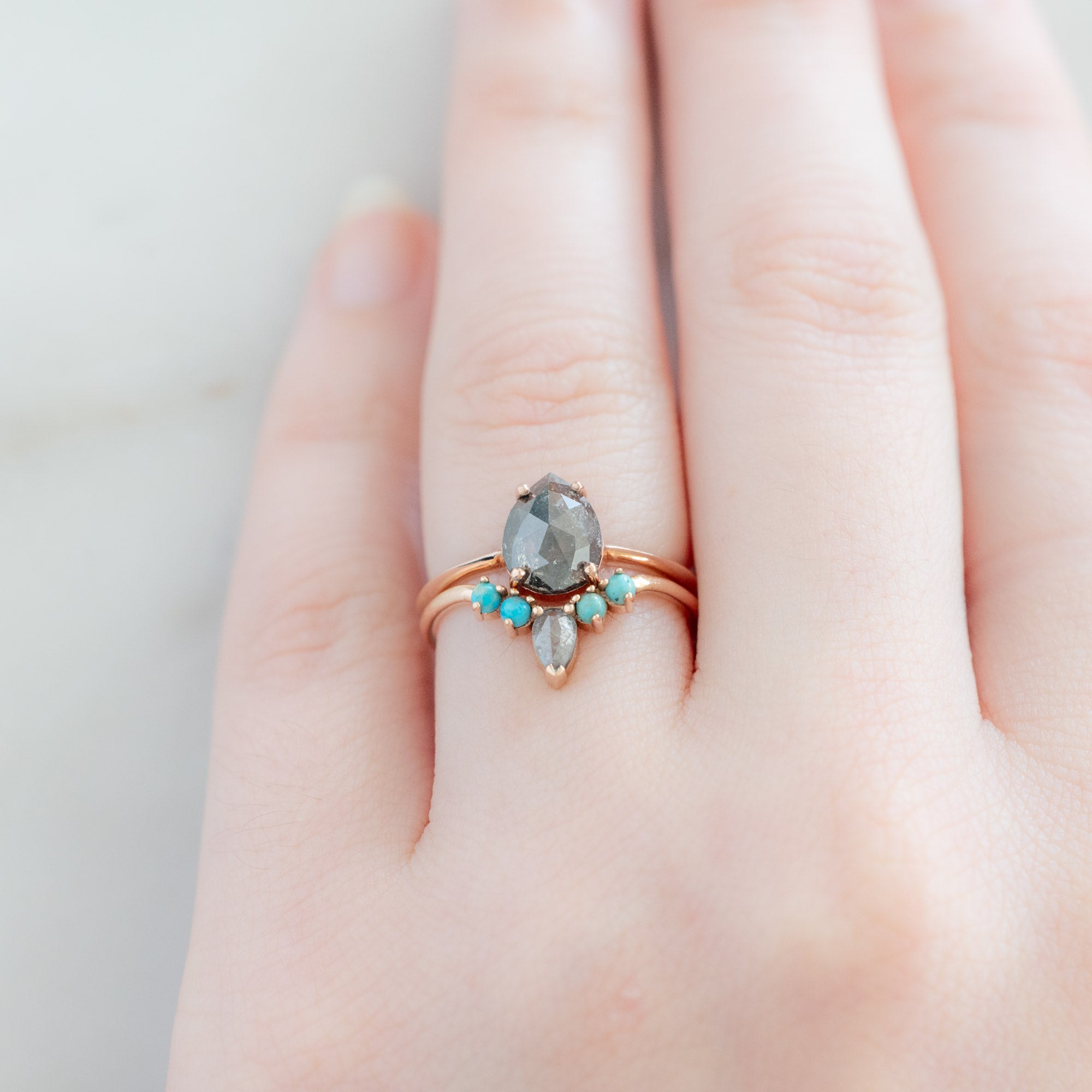 Black Diamond + Turquoise 4-Stone Sunburst Stacking Band | Yellow, Rose or White Gold