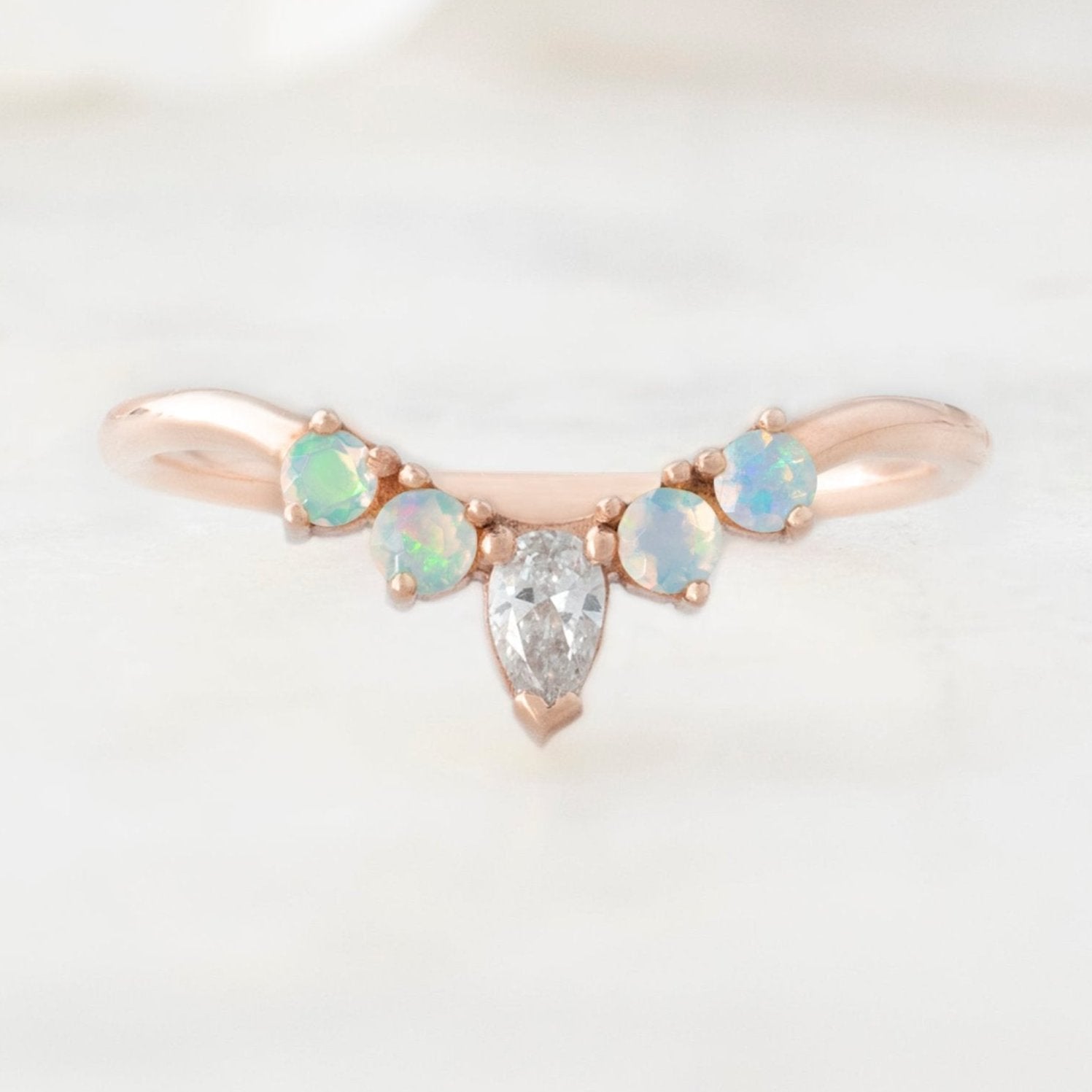 White Diamond + Opal 4-Stone Sunburst Stacking Band | Yellow, Rose or White Gold
