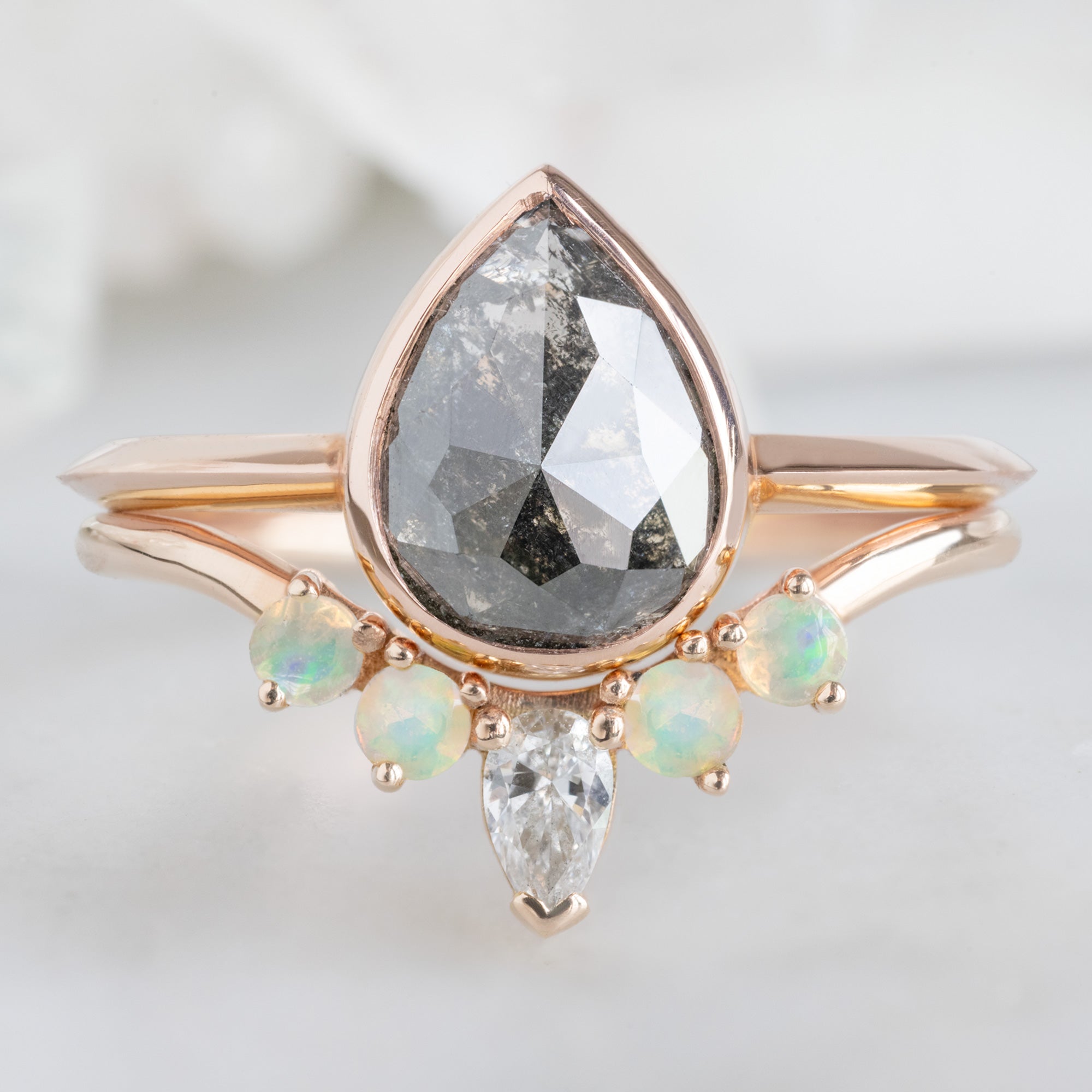 White Diamond + Opal 4-Stone Sunburst Stacking Band | Yellow, Rose or White Gold