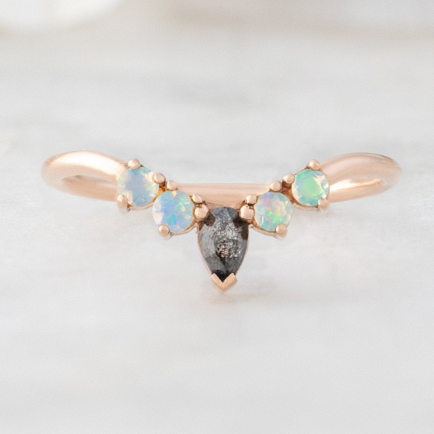 Black Diamond + Opal 4-Stone Sunburst Stacking Band | Yellow, Rose or White Gold