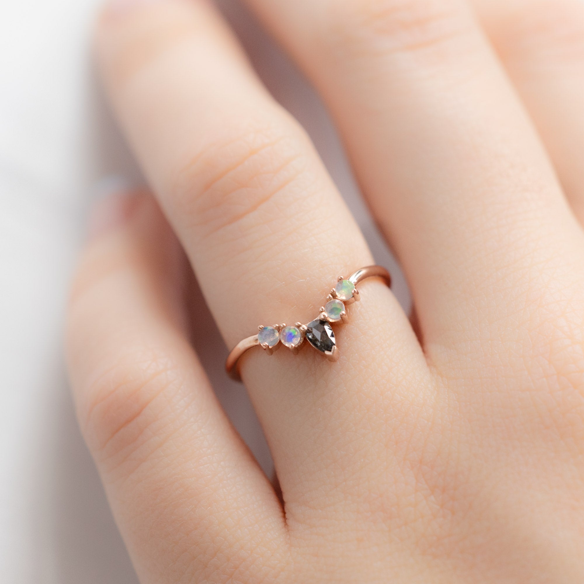 Black Diamond + Opal 4-Stone Sunburst Stacking Band | Yellow, Rose or White Gold