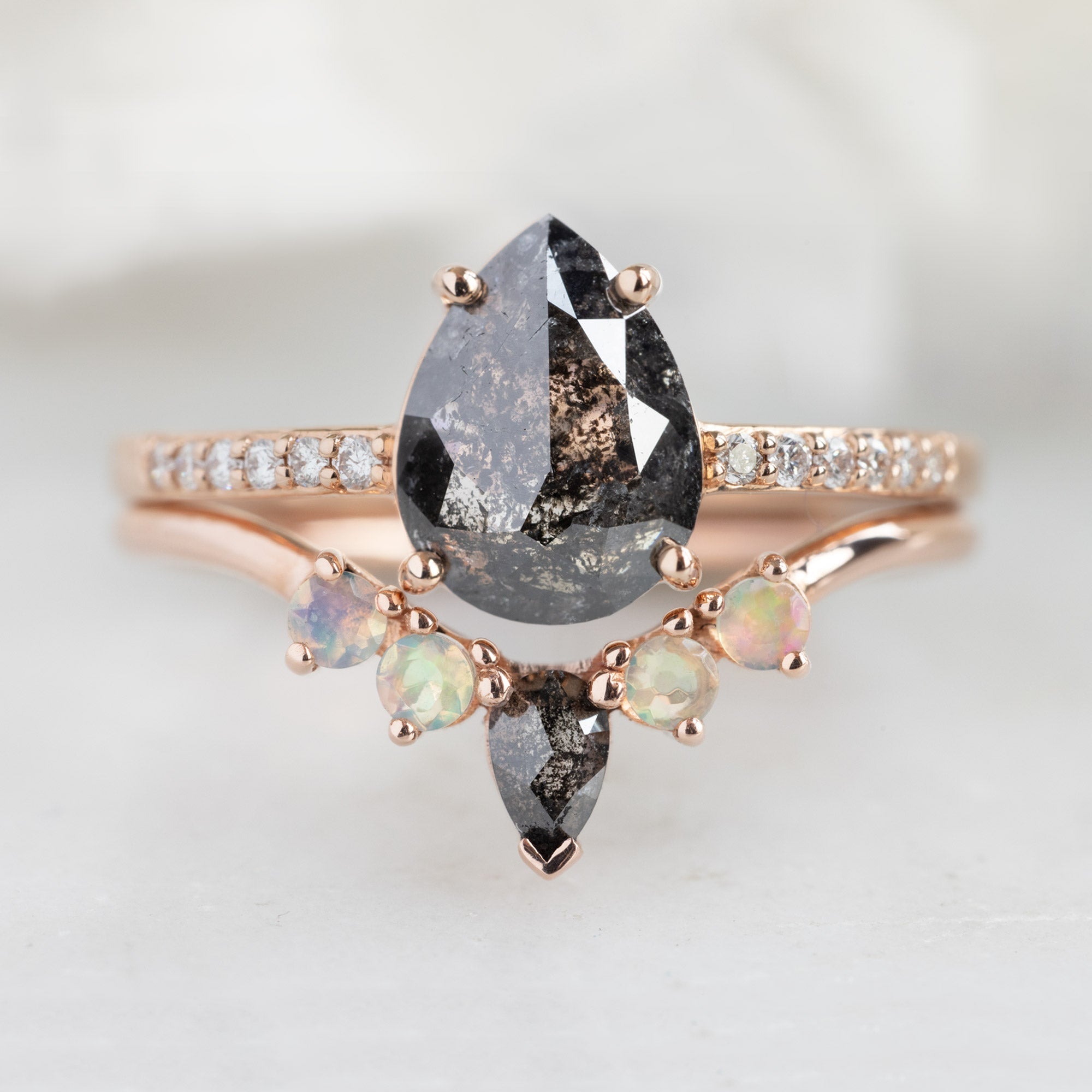 Black Diamond + Opal 4-Stone Sunburst Stacking Band | Yellow, Rose or White Gold