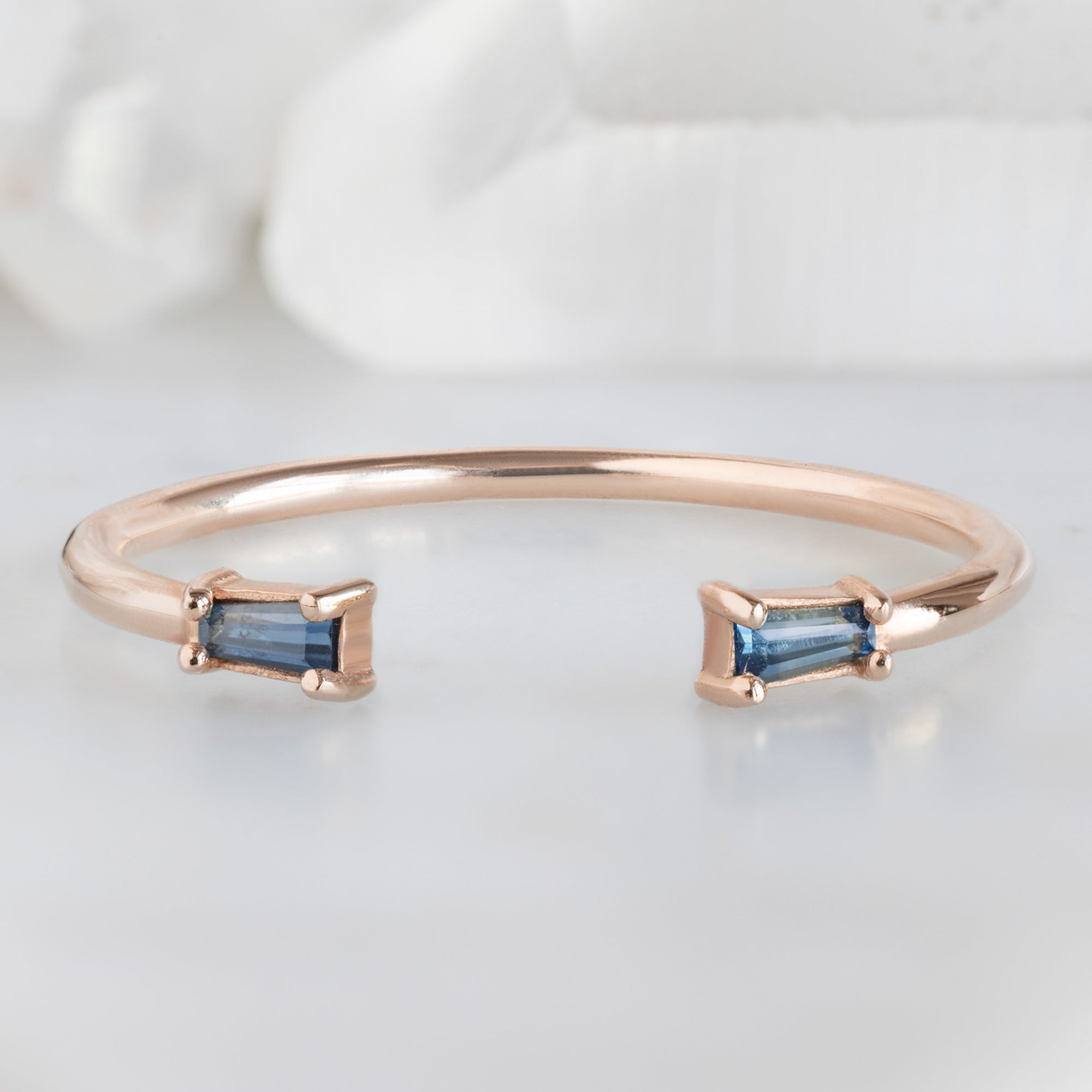 Open Cuff Baguette Sapphire Stacking Band | Yellow, Rose or White Gold