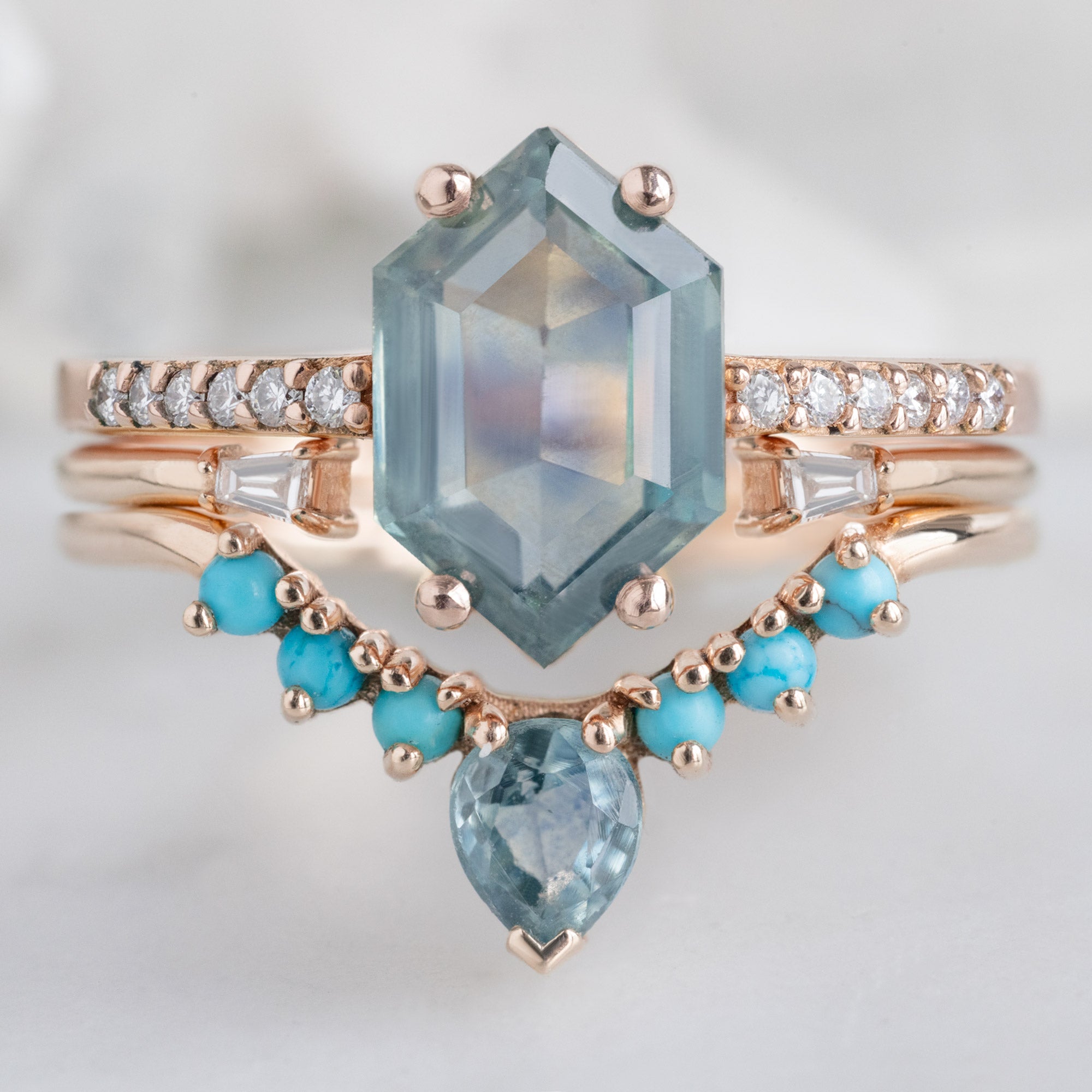 Montana Sapphire and Turquoise Sunburst Stacking Band in 14K Rose Gold Stacked with Sapphire Hexagon Gemstone Engagement Ring