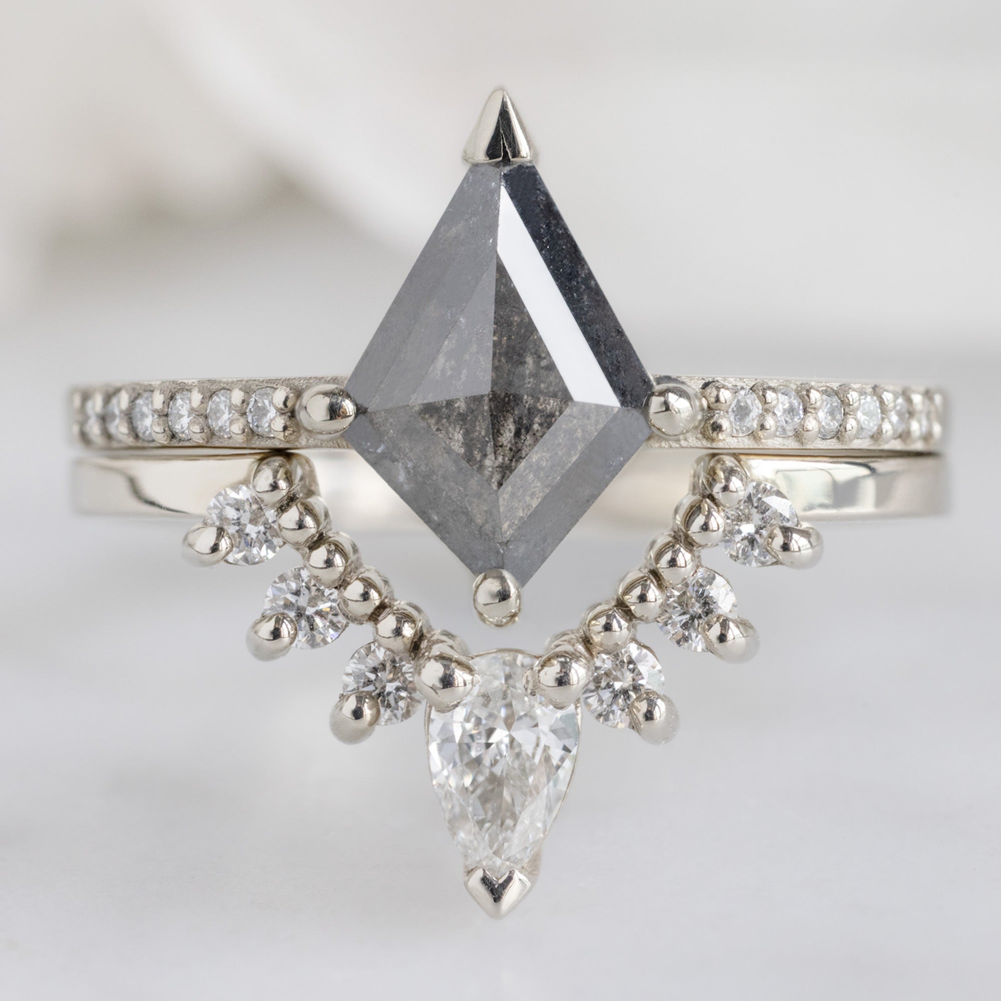 White Diamond Sunburst Stacking Band in 14K White Gold Stacked with Salt and Pepper Kite Diamond Engagement Ring