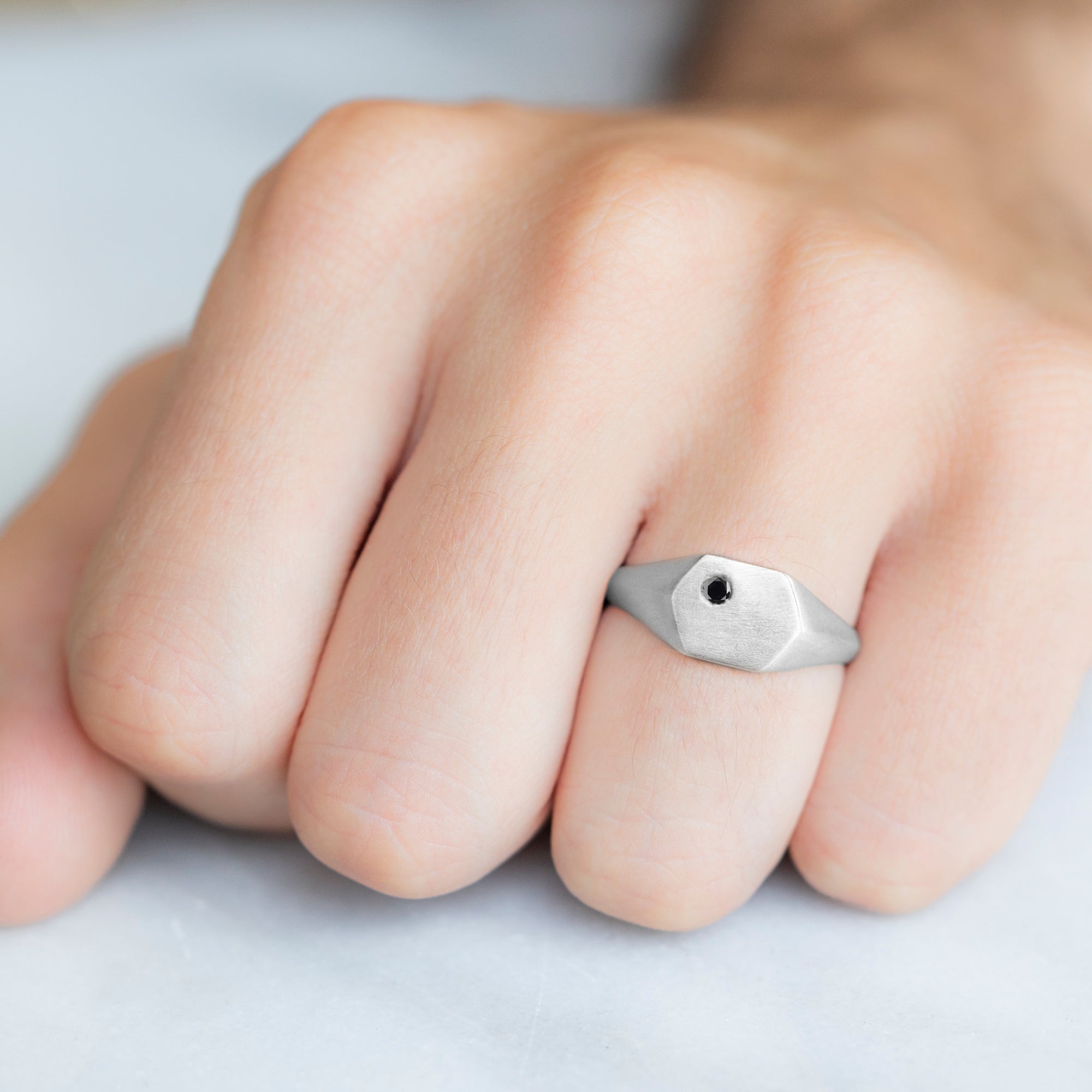 The Hexagon Black Diamond Signet Ring | White Gold