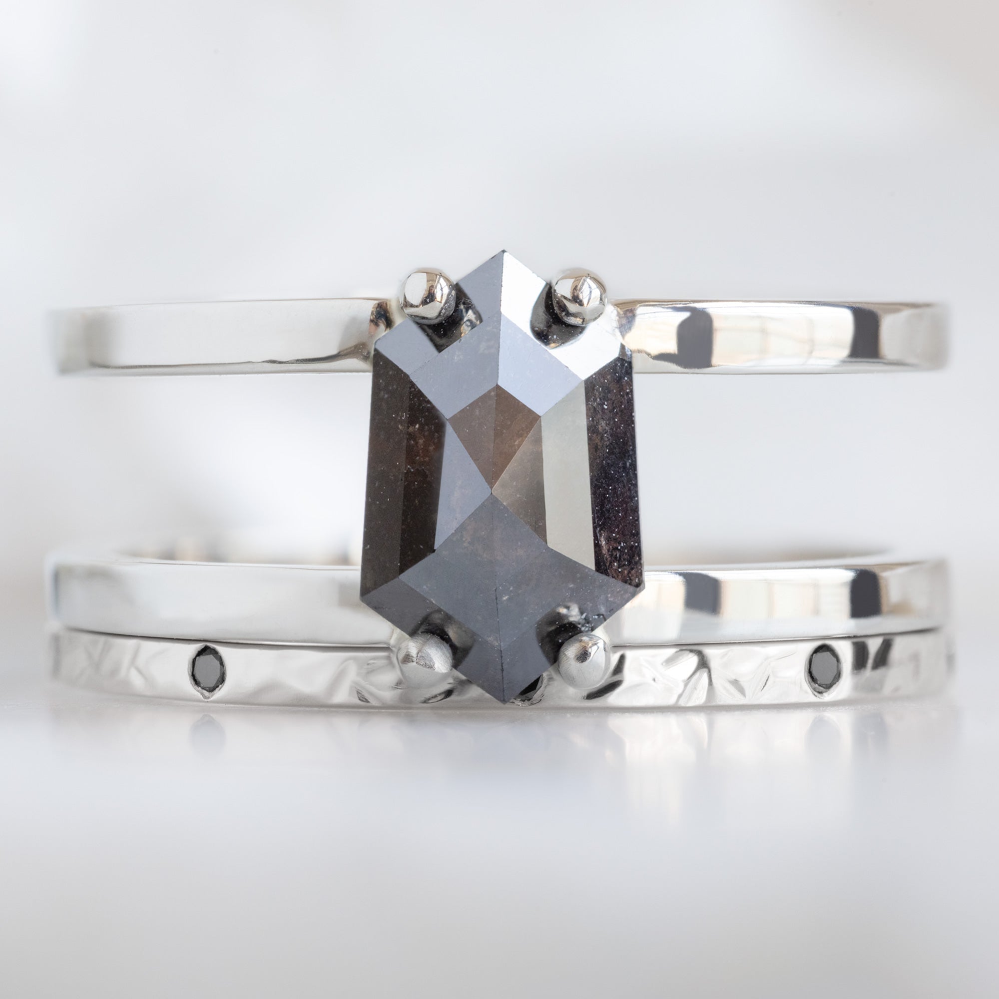 Black Diamond Eternity Band in 14K White Gold Stacked with Black Diamond Hexagon Double Band Engagement Ring