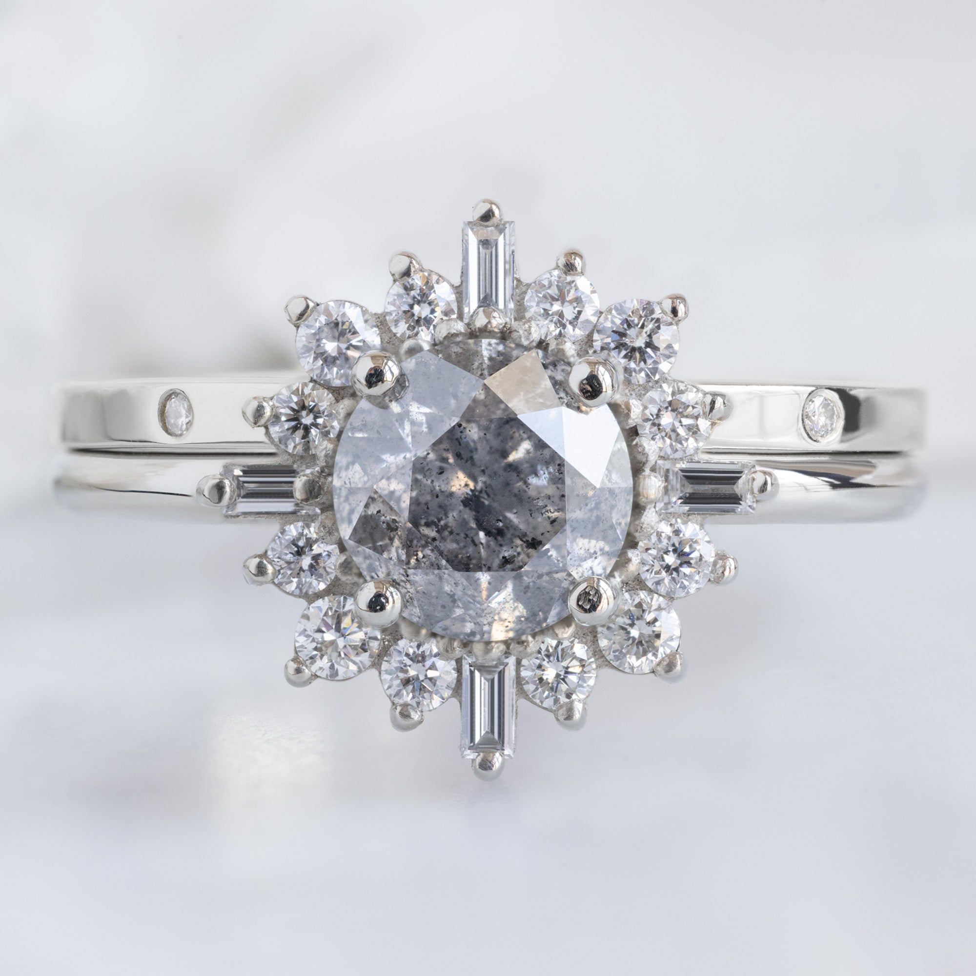 White Diamond Eternity Band in 14K White Gold stacked with Round Salt and Pepper Diamond Engagement Ring