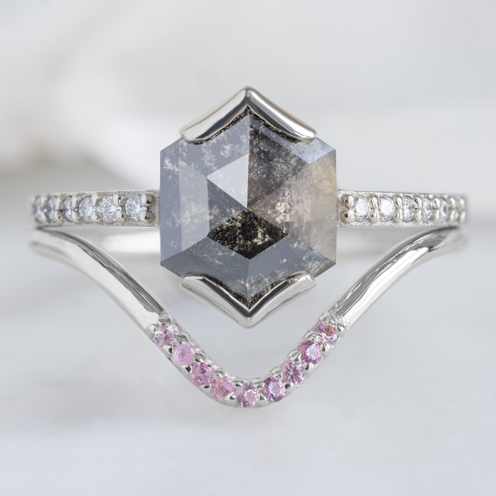One of a Kind Ruby Pavé Peak Stacking Band in White Gold Stacked with Black Diamond Hexagon Engagement Ring