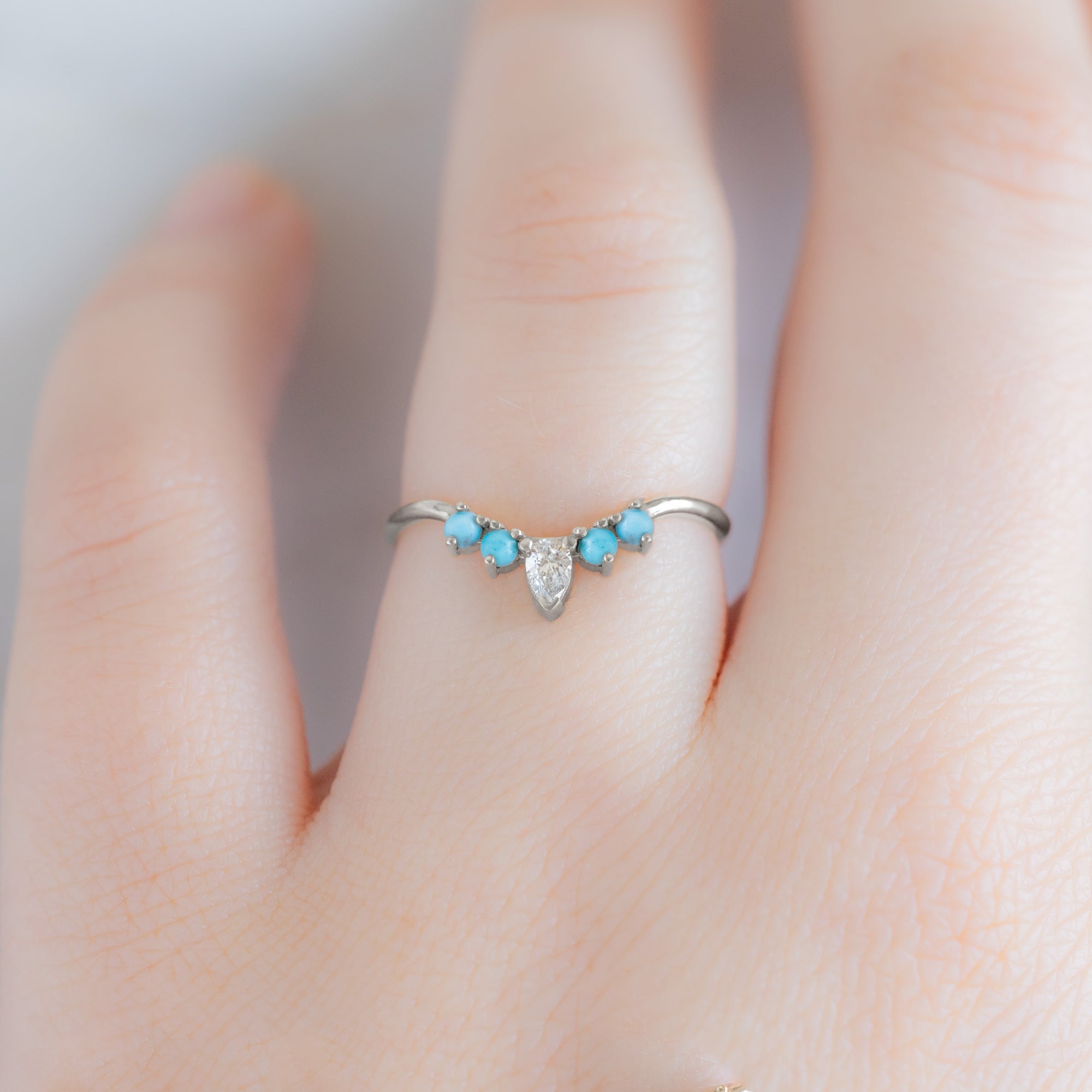 White Diamond + Turquoise 4-Stone Sunburst Stacking Band | Yellow, Rose or White Gold