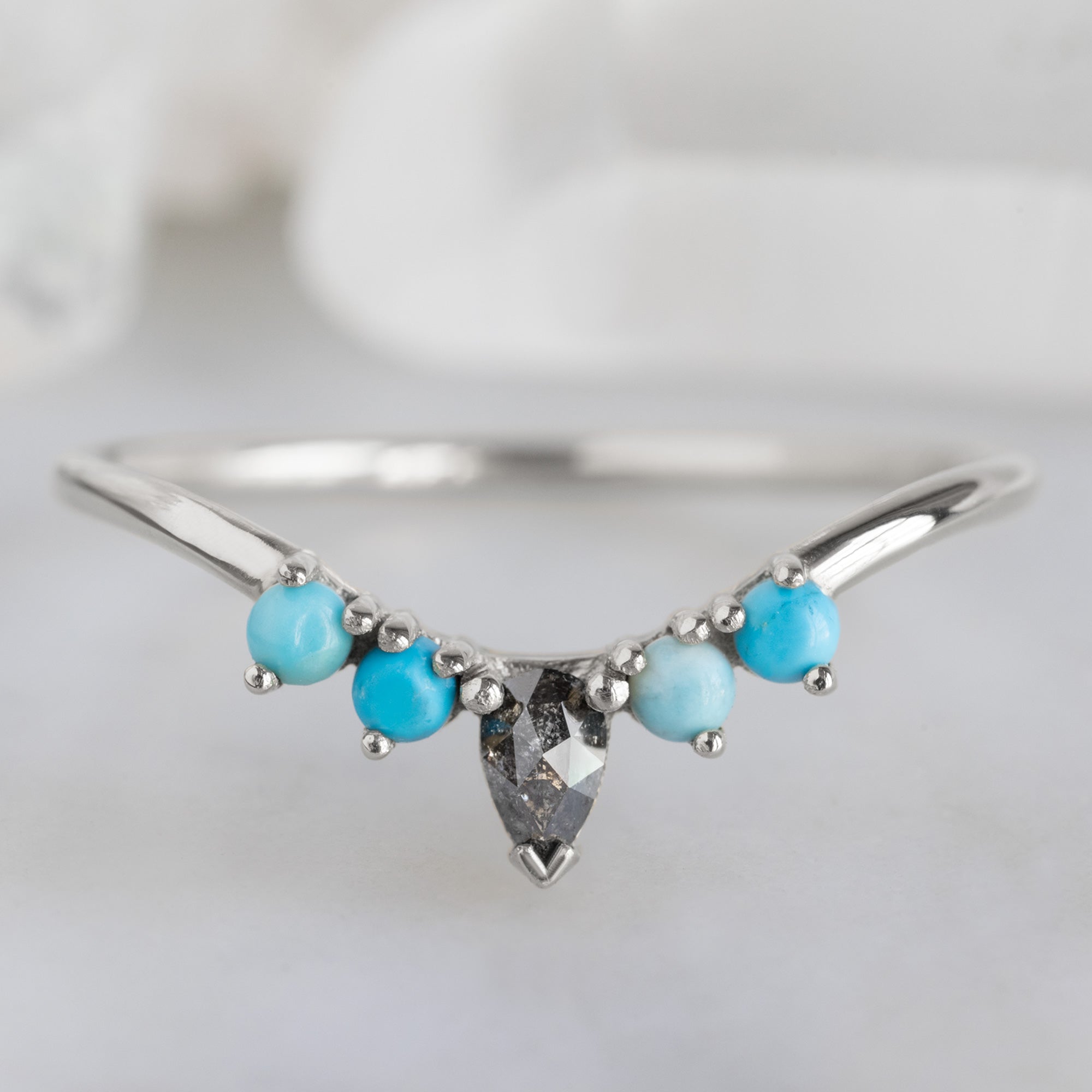 Black Diamond + Turquoise 4-Stone Sunburst Stacking Band | Yellow, Rose or White Gold