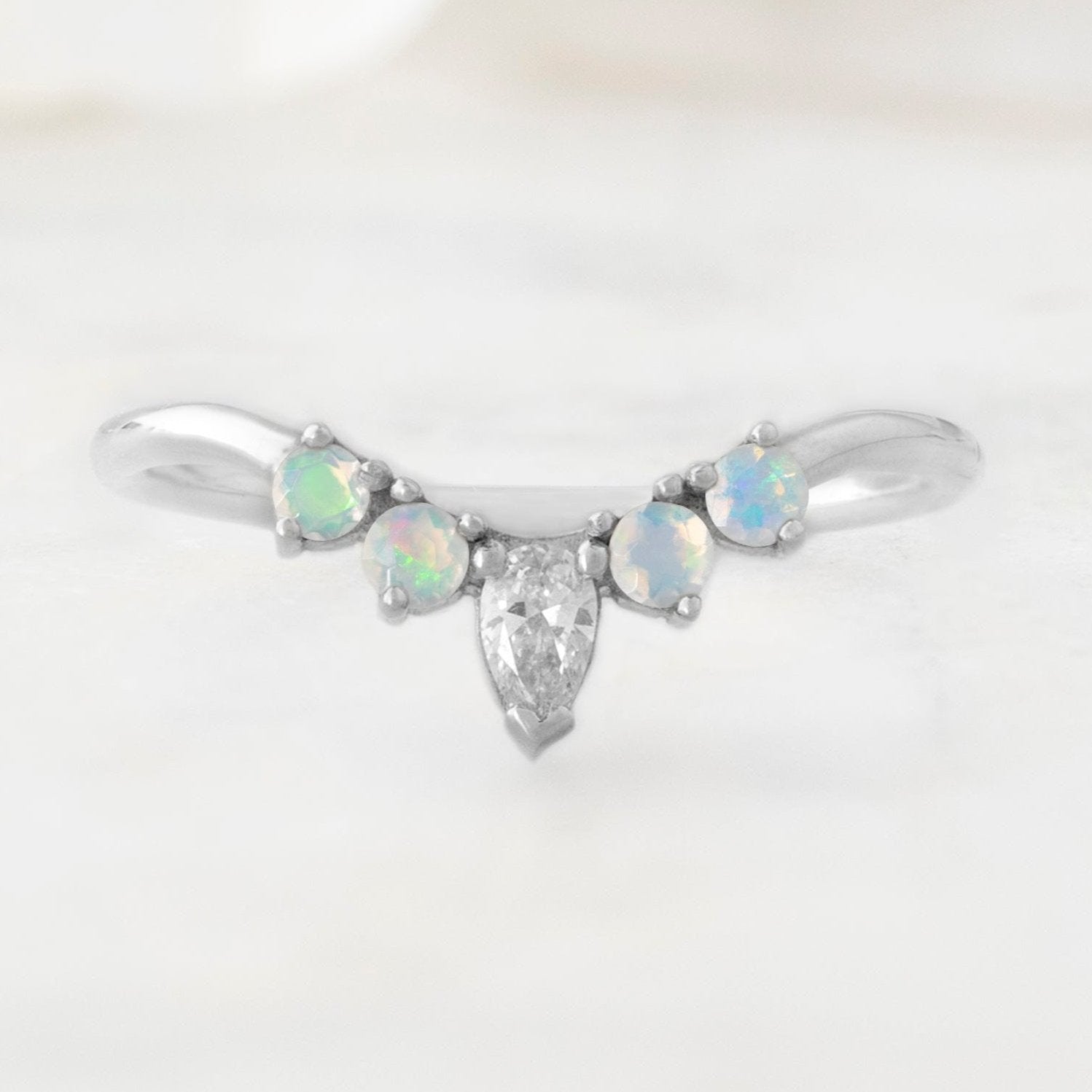 White Diamond + Opal 4-Stone Sunburst Stacking Band | Yellow, Rose or White Gold