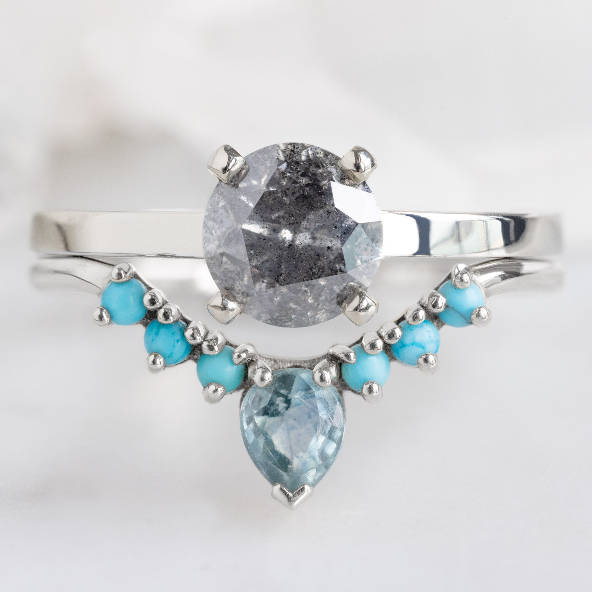 Montana Sapphire and Turquoise Sunburst Stacking Band in 14K White Gold Stacked with Round Salt and Pepper Diamond Engagement Ring