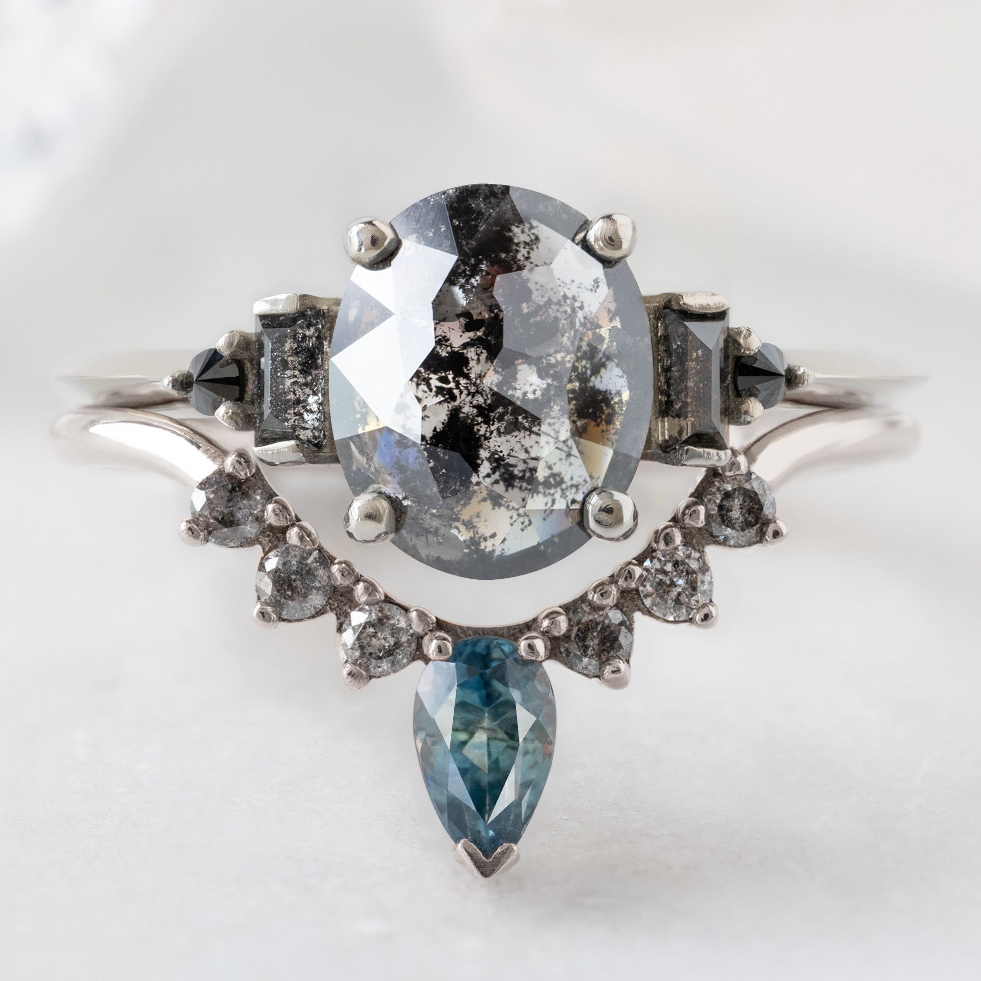 Montana Sapphire + Salt and Pepper Diamond Sunburst Stacking Band | Yellow, Rose or White Gold