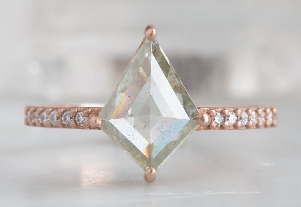 Custom Natural Rose Cut Golden Green Diamond Ring With Páve Band