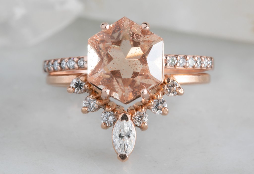Rose Gold White Diamond Sunburst Stacking Ring stacked with a sunstone gemstone engagement ring