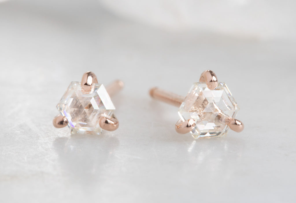 Teensy Natural Rose Cut White Diamond Hexagon Stud Earrings