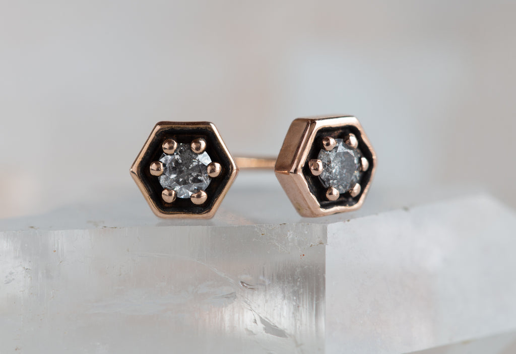 Rose Gold Galaxy Diamond Hexagon Stud Earrings on crystal
