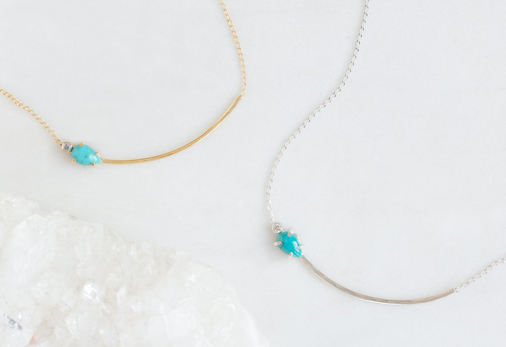 Asymmetrical Turquoise + Diamond Necklace in Yellow Gold and Sterling Silver