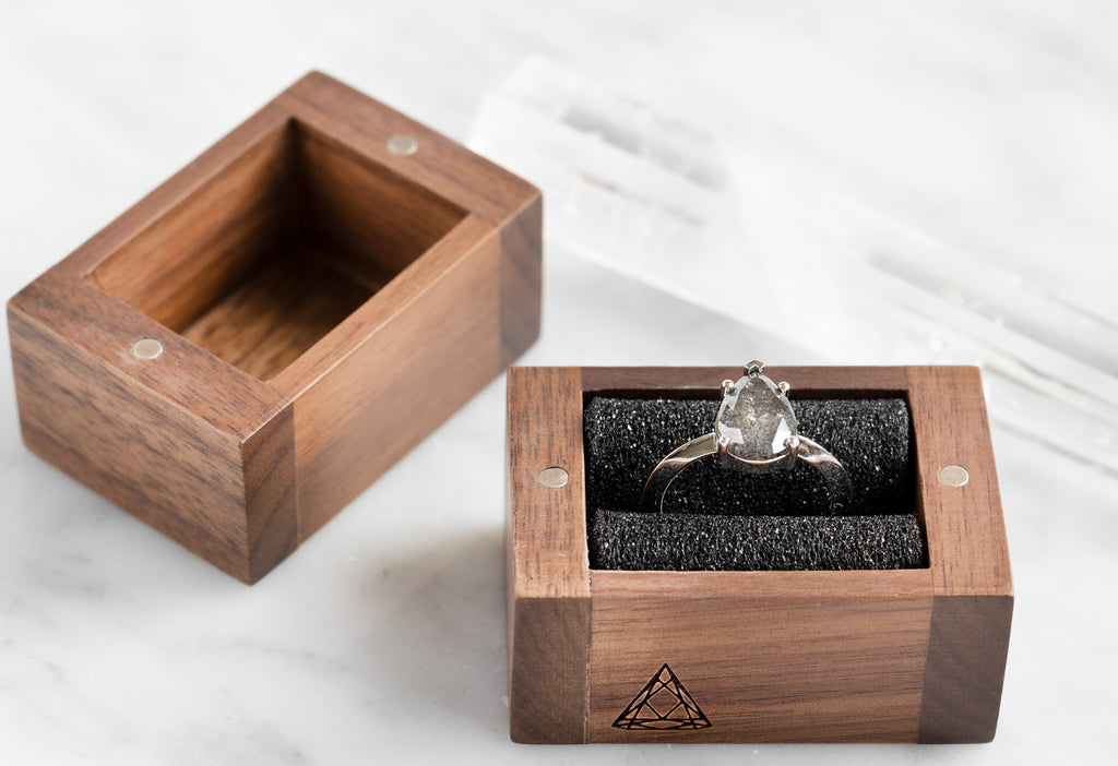 Handcrafted Black Walnut Ring Box Open with White Gold Diamond Engagement Ring Inside