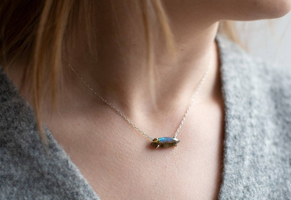 Labradorite Marquise Necklace in White Gold on Model