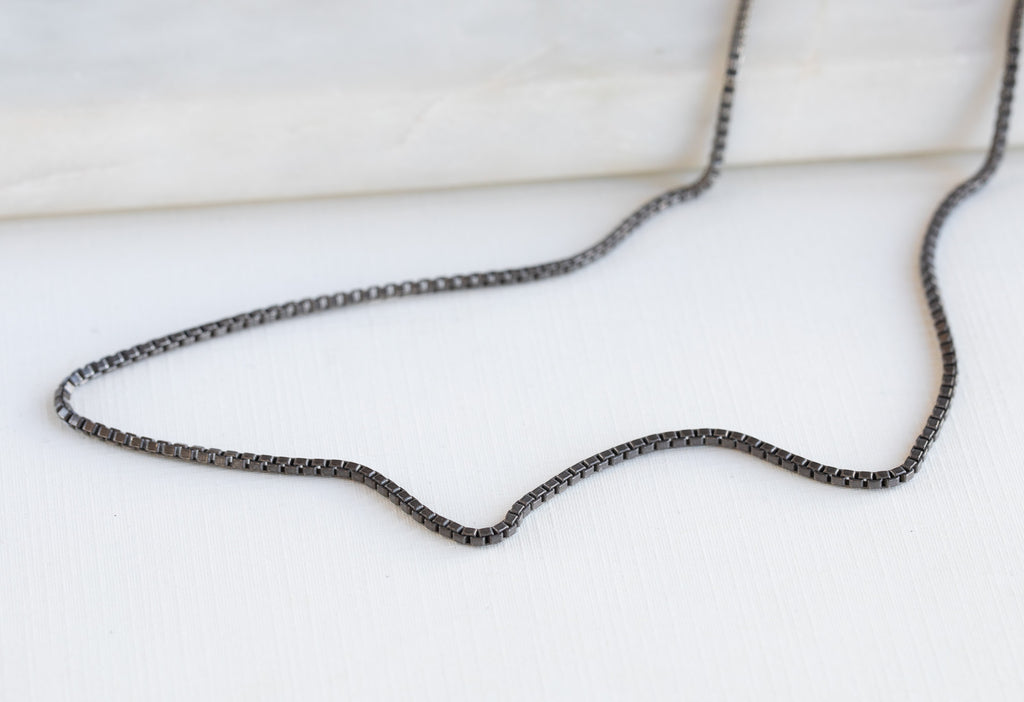 Men's Box Chain Necklace in oxidized sterling silver on white