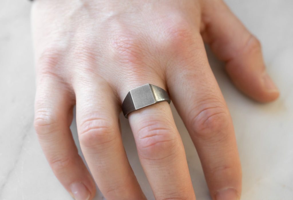 Men's Custom Signet Ring in Oxidized Sterling Silver on Model