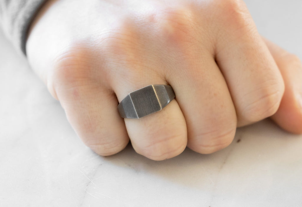 Men's Custom Signet Ring in Oxidized Sterling Silver on Model
