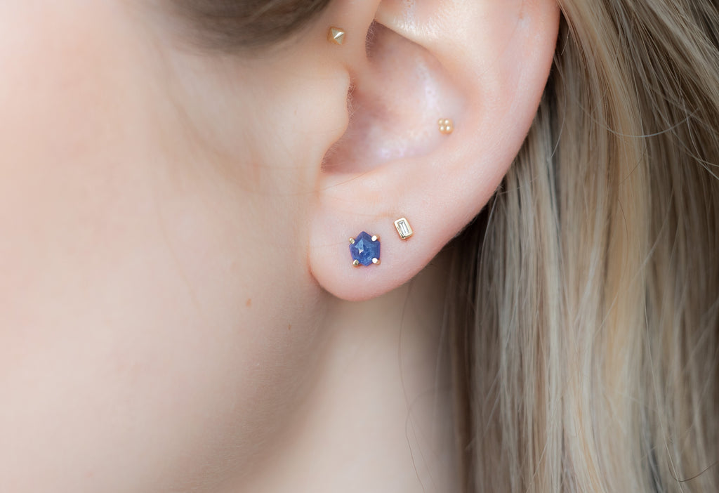 Natural Rose-Cut Blue Sapphire Hexagon Stud Earrings Stacked on Model