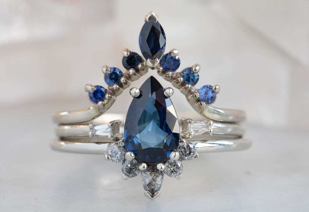 Pear Cut Sapphire Engagement Ring with Attached Diamond Sunburst