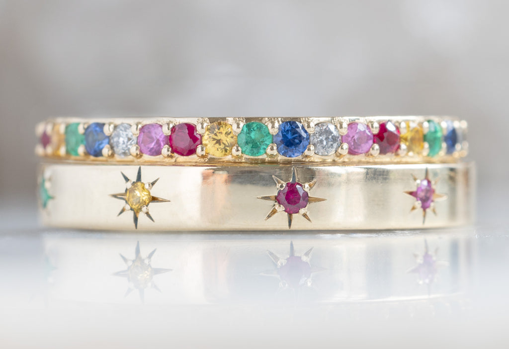 Rainbow Star Setting Band Stacked with Rainbow Pavé Eternity Band-14k Yellow Gold