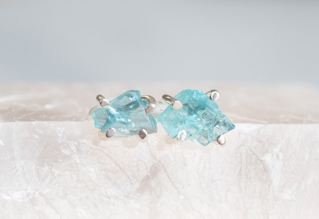 Raw Aquamarine Gemstone Stud Earrings