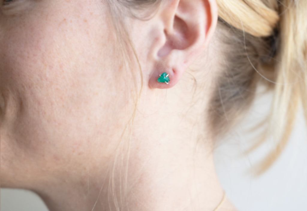 Raw Green Emerald Gemstone Stud Earrings on Model