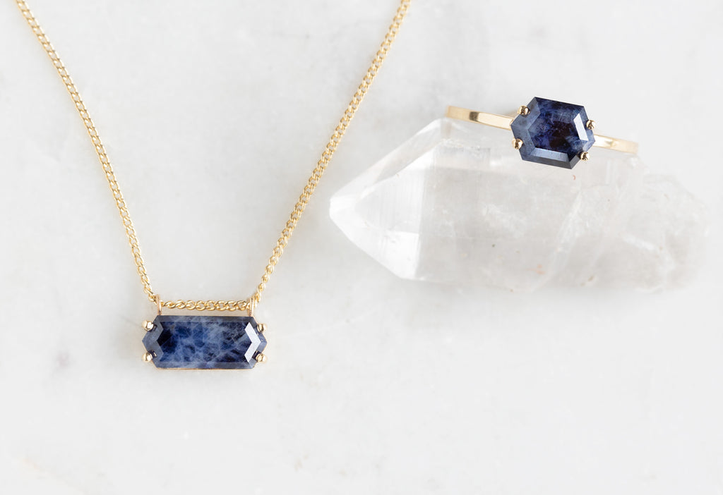 Raw Montana Sapphire Hexagon Ring and Necklace-10k Yellow Gold