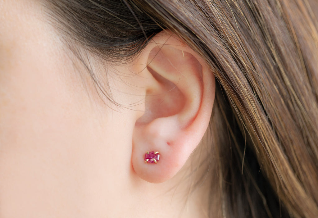 Natural Rose Cut Ruby Hexagon Stud Earrings on Model