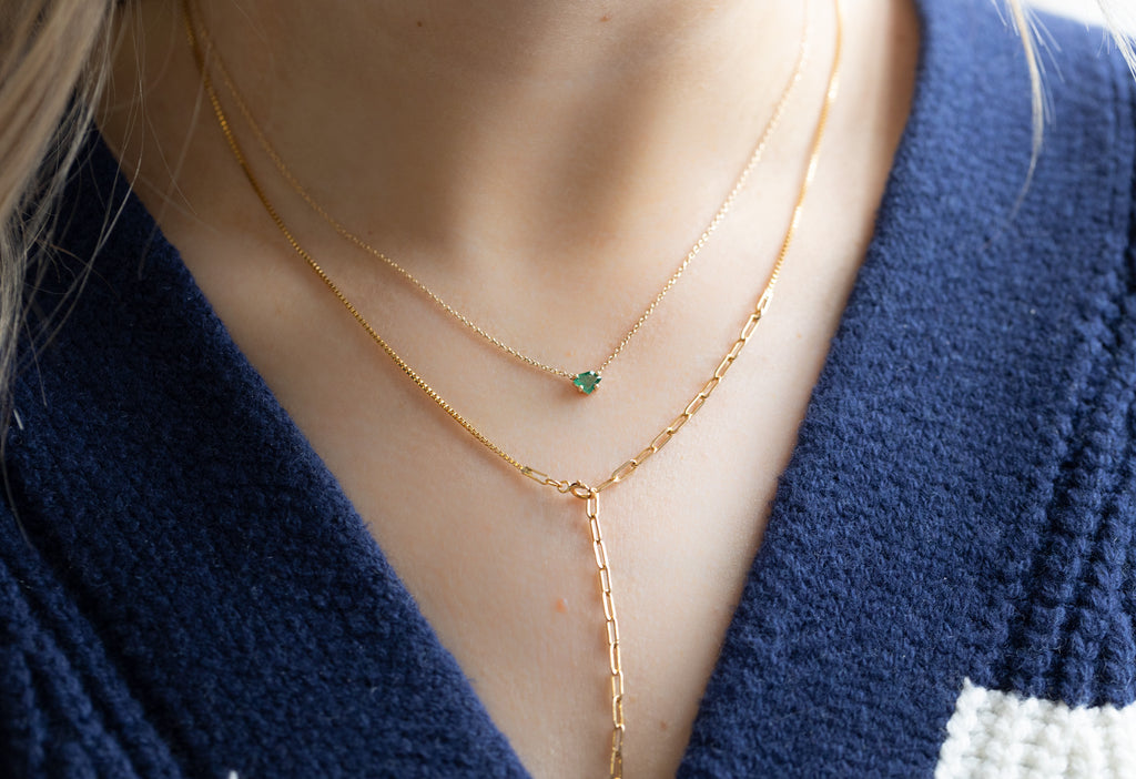 Geometric Emerald Necklace Layered with 4-in-1- Cable Chain Necklace on Model