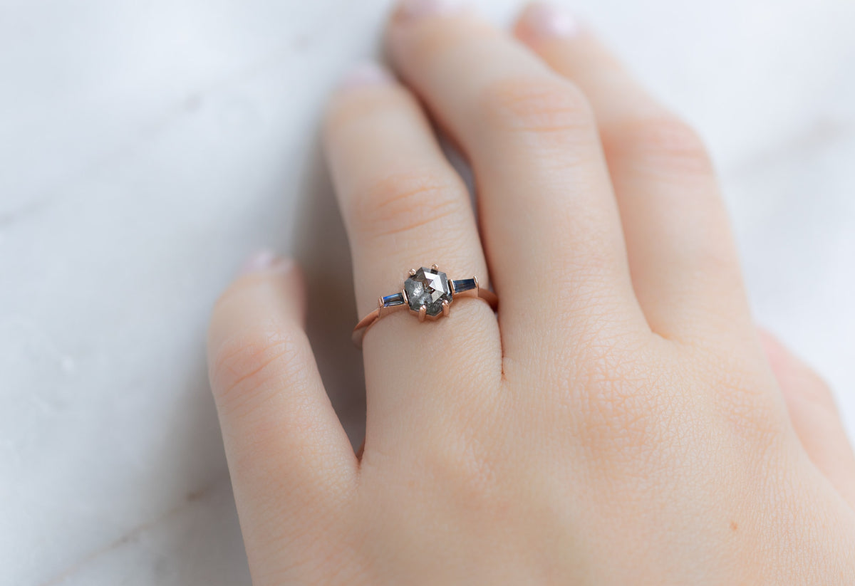 Salt and Pepper Hexagon Diamond Ring and Sapphire Baguettes