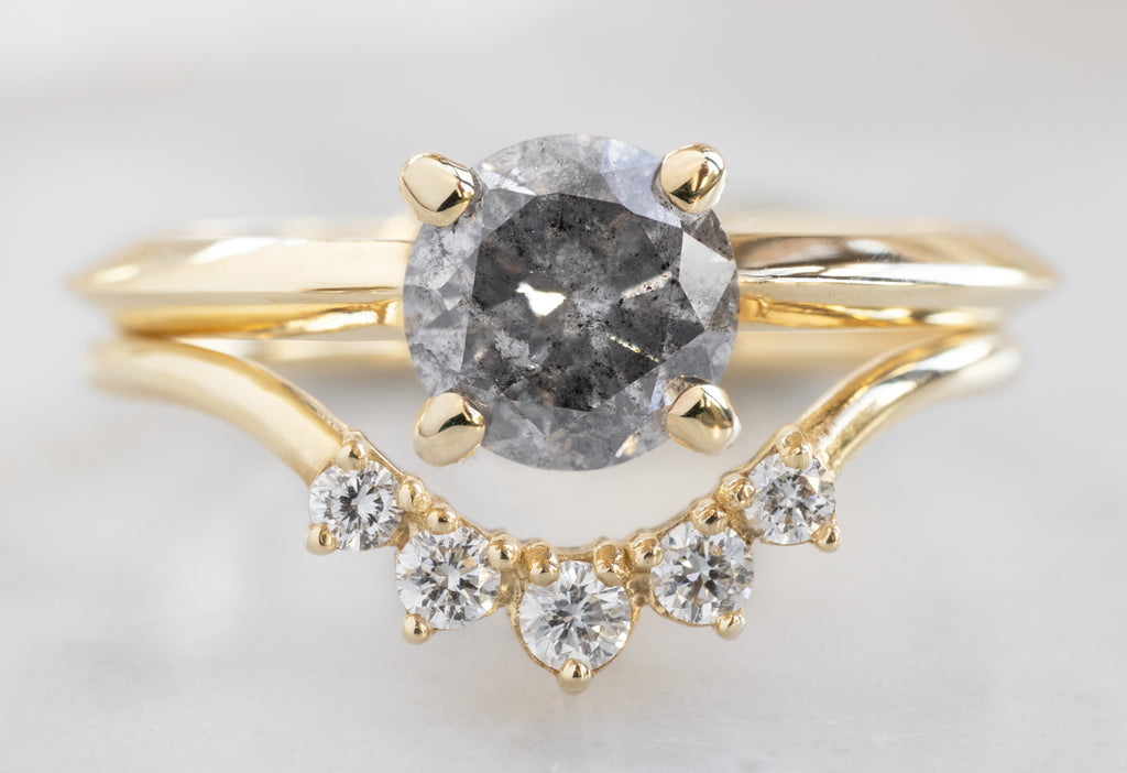 The Bryn Ring with a Round-Cut Salt and Pepper Diamond with Round Diamond Sunburst Stacking Band