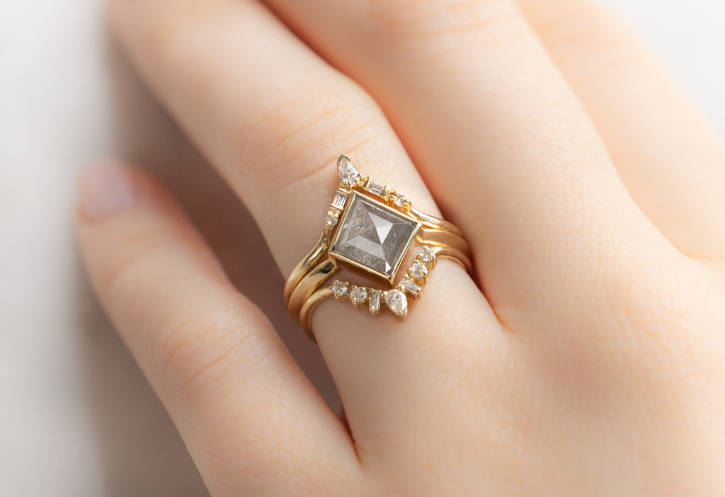 The Hazel Ring with a Silvery Grey Kite-Shaped Diamond with White Diamond Stacking Bands on Model