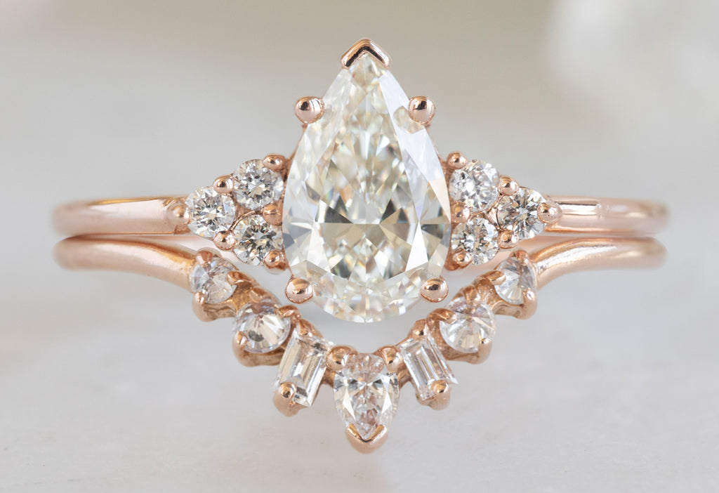 The Ivy Ring with a Pear-Cut White Diamond with White Diamond Geometric Stacking Band