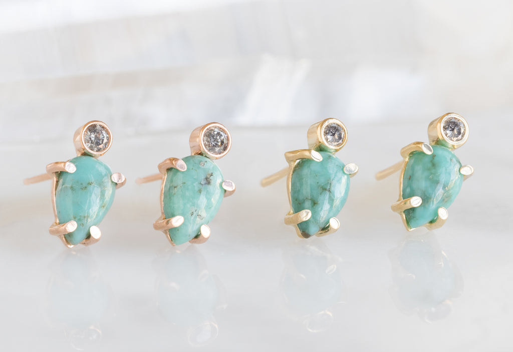 Yellow and Rose Gold Turquoise + Diamond Stud Earrings